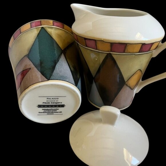 Sasaki Palazzo Sugar and Creamer w/Lid by Particia Zanger Multicolor Harlequin - Picture 6 of 8